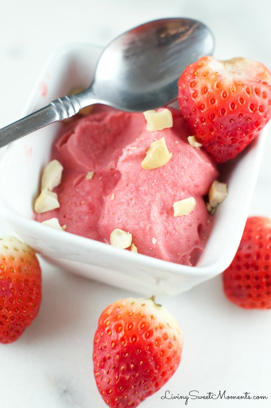 This creamy homemade strawberry frozen yogurt recipe only requires 3 ingredients to make and no ice cream machine needed. The perfect easy dessert! 