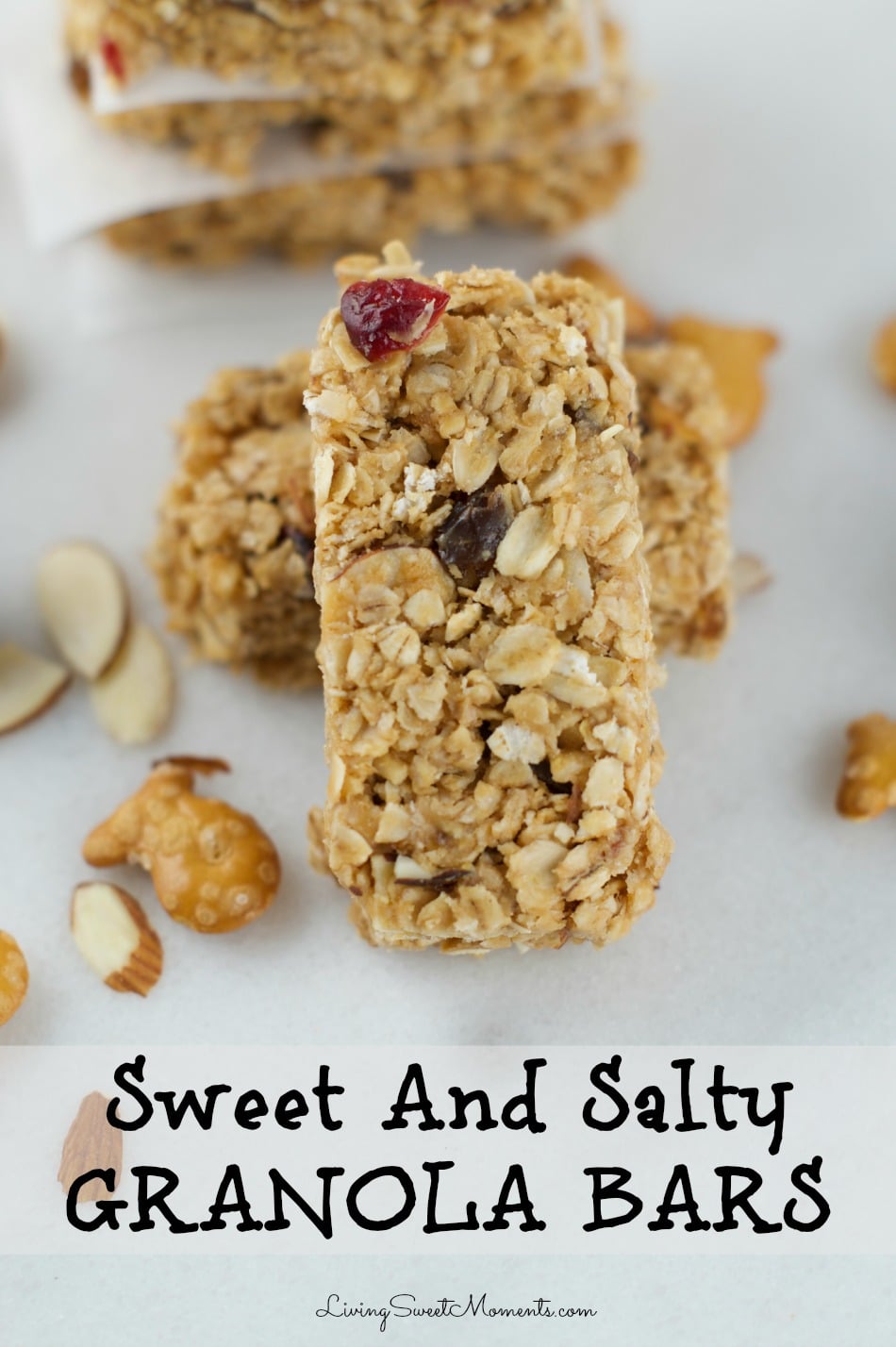 These chewy no bake Sweet And Salty Granola Bars are made with dried fruit, nuts and pretzel pieces. Perfect snack for kids and adults alike! 