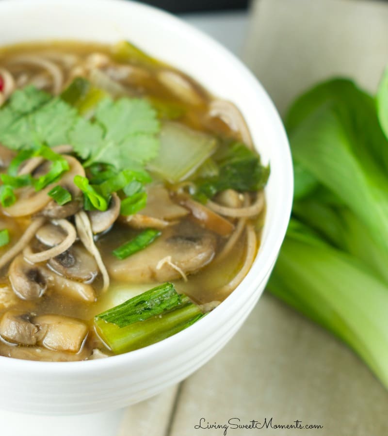 Chicken Soba Noodle Soup - Easy to make and delicious! A flavorful broth is served with soba noodles, chicken, bok choy and mushrooms in a comforting soup that will warm you during chilly nights. 