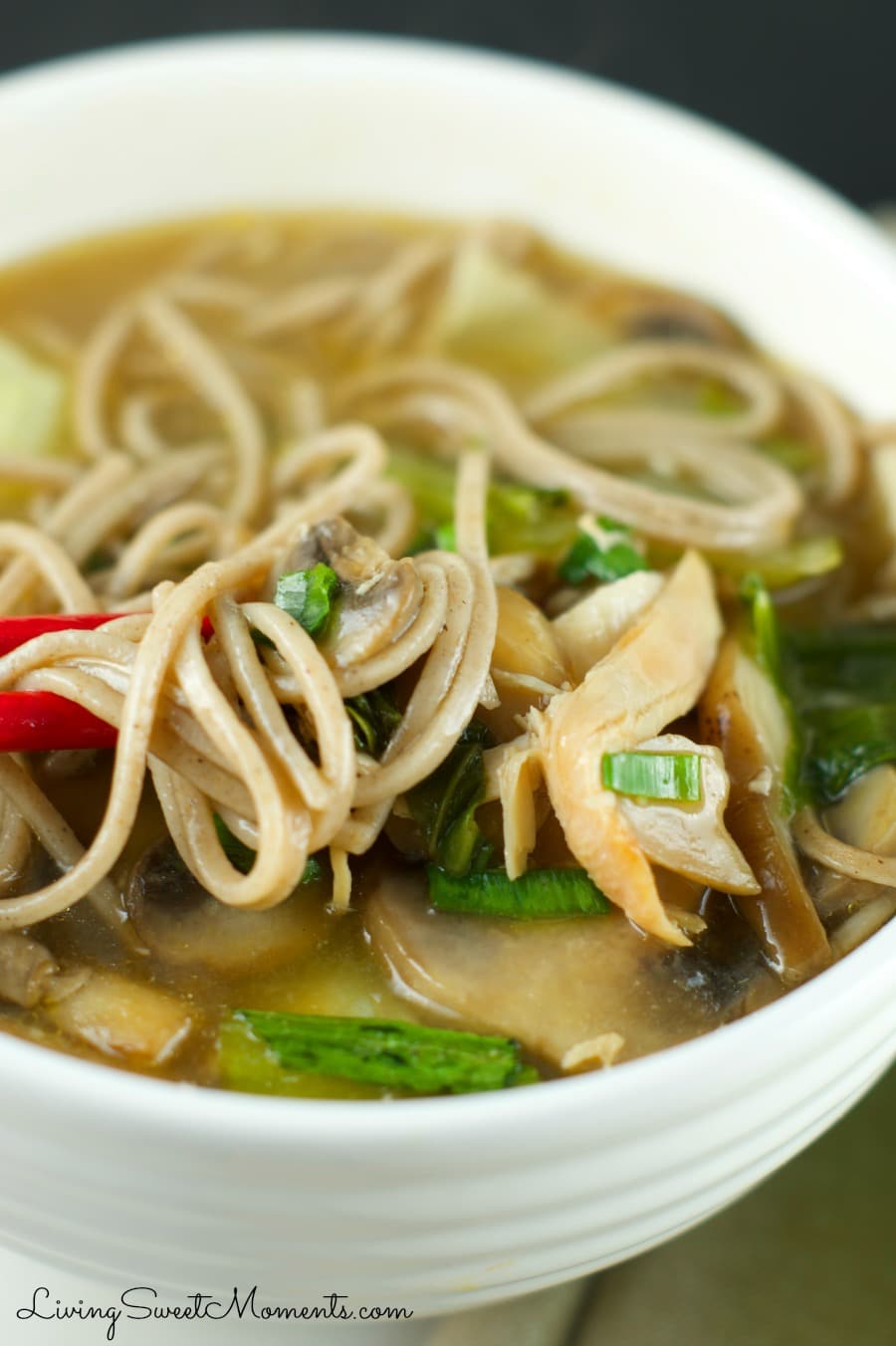 Chicken Soba Noodle Soup - Easy to make and delicious! A flavorful broth is served with soba noodles, chicken, bok choy and mushrooms in a comforting soup that will warm you during chilly nights. 