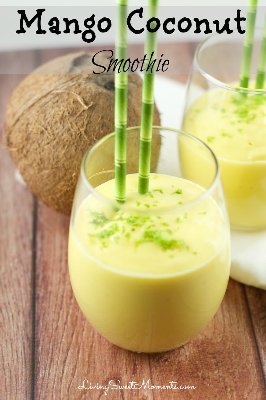 Mango Coconut Smoothie - Delicious 3 ingredient smoothie. Enjoy tropical flavors in a decadent thick smoothie that takes just seconds to make. Perfect breakfast or afternoon snack. 