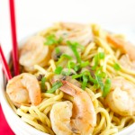 Sesame Shrimp Noodles - Easy and delicious weeknight dinner idea. Shrimp and mushrooms tossed together with egg noodles with a delicious sesame sauce. Definitely a crowd pleaser