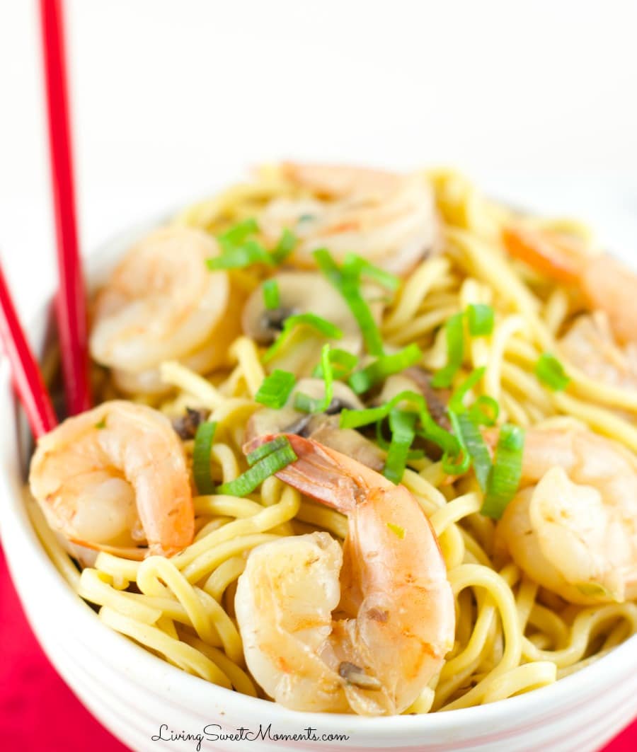 Sesame Shrimp Noodles - Easy and delicious weeknight dinner idea. Shrimp and mushrooms tossed together with egg noodles with a delicious sesame sauce. Definitely a crowd pleaser