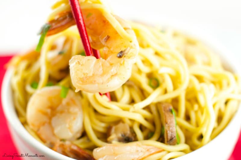 Sesame Shrimp Noodles - Easy and delicious weeknight dinner idea. Shrimp and mushrooms tossed together with egg noodles with a delicious sesame sauce. Definitely a crowd pleaser