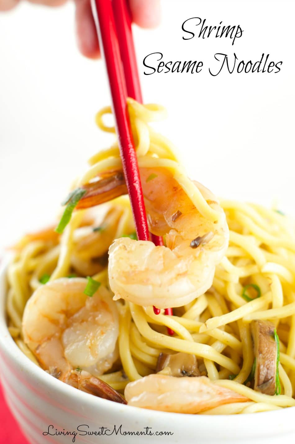 Sesame Shrimp Noodles - Easy and delicious weeknight dinner idea. Shrimp and mushrooms tossed together with egg noodles with a delicious sesame sauce. Definitely a crowd pleaser 