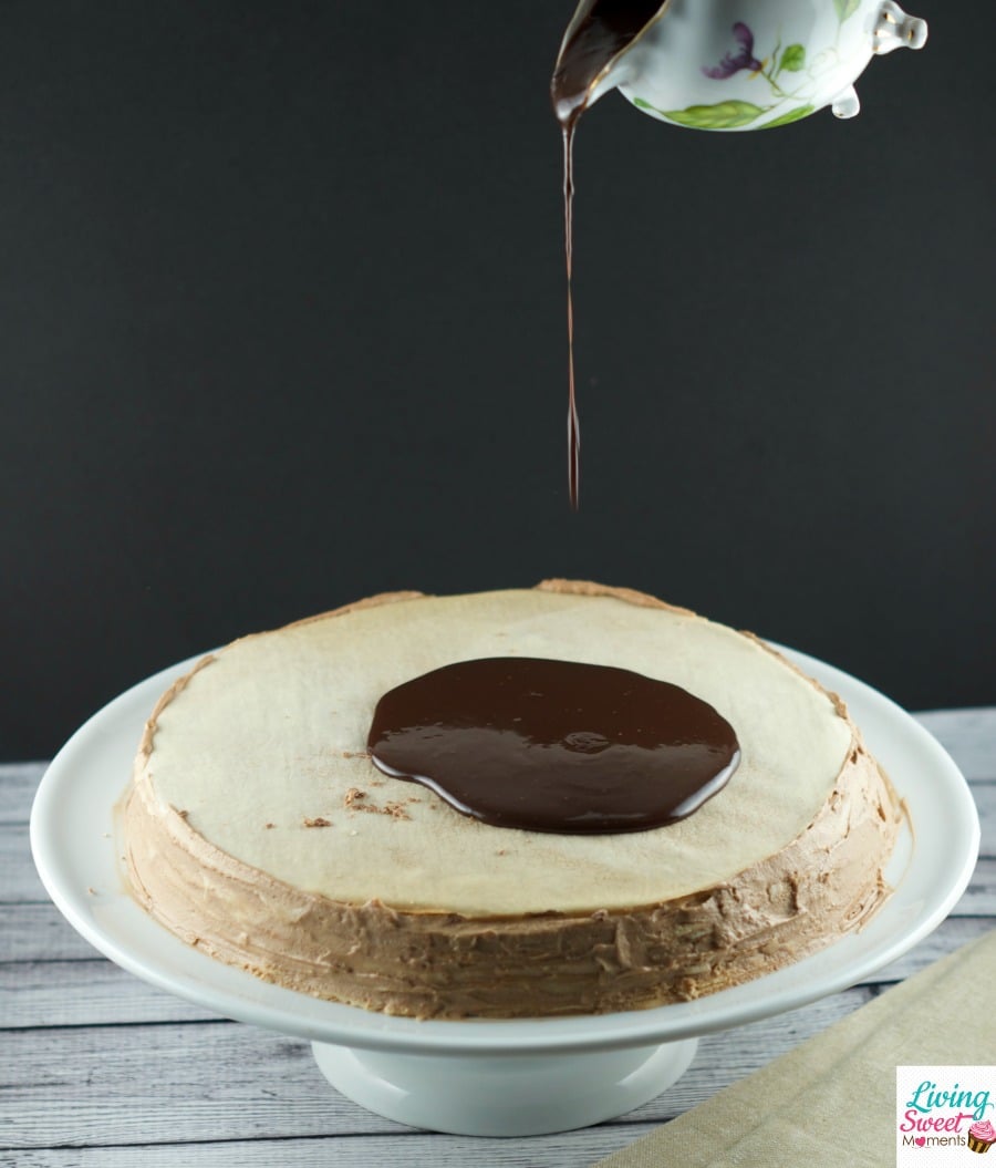 Toblerone Chocolate Crepe Cake - 30 crepes layered with Toblerone ganache and topped with a dark chocolate glaze. A simple, delicious and beautiful cake for entertaining. 