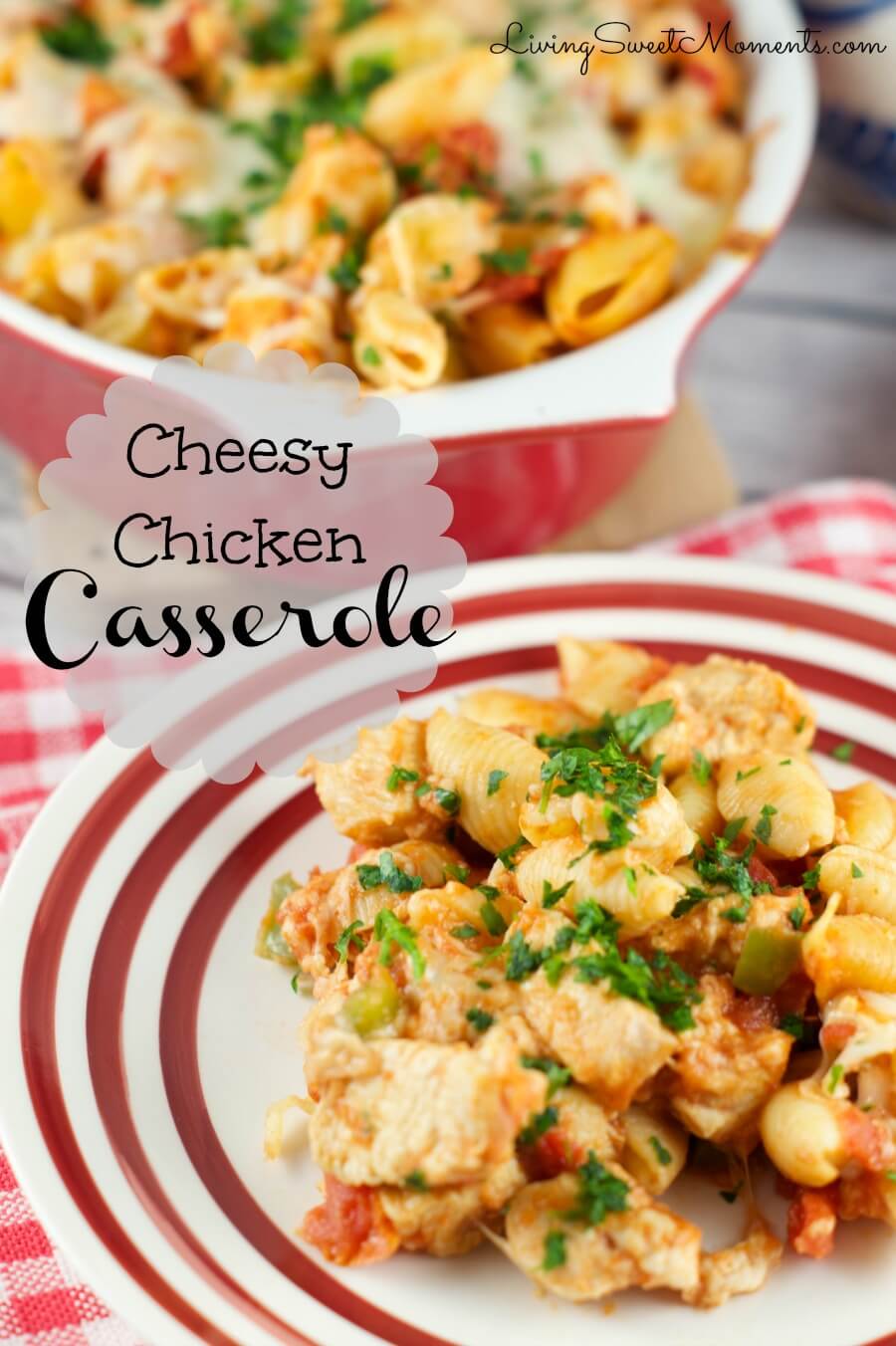 Cheesy Chicken Casserole - Only 6 ingredients. Made with pasta, tomato and cheese. This easy quick dinner recipe is delicious, hearty and oh so satisfying.