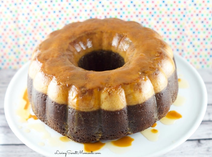 Chocoflan Cake - this easy latin cake is moist and delicious. A combination of flan and chocolate cake with a drizzle of caramel sauce. Perfect dessert. 