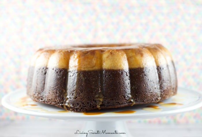 Chocoflan Cake - this easy latin cake is moist and delicious. A combination of flan and chocolate cake with a drizzle of caramel sauce. Perfect dessert. 