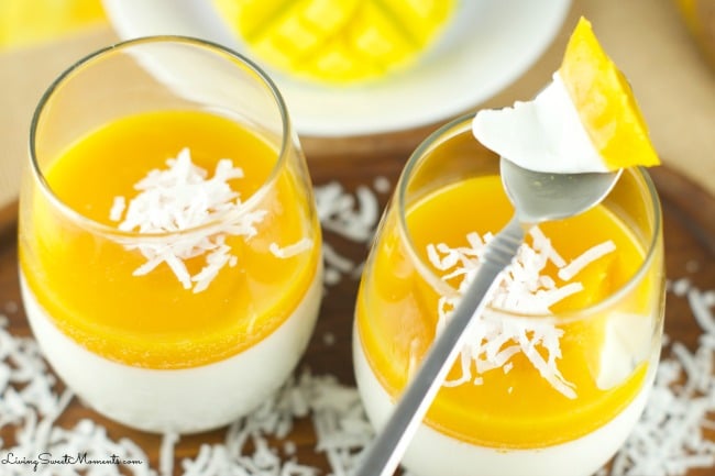 Coconut Panna Cotta With Mango Gelee - Delicious and creamy coconut panna cotta topped with tropical mango gelee for a fun and easy summer dessert. love it!