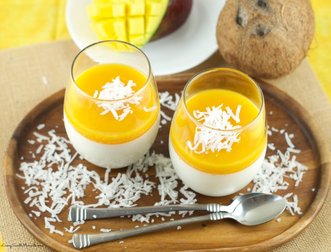 Coconut Panna Cotta With Mango Gelee - Delicious and creamy coconut panna cotta topped with tropical mango gelee for a fun and easy summer dessert. love it!