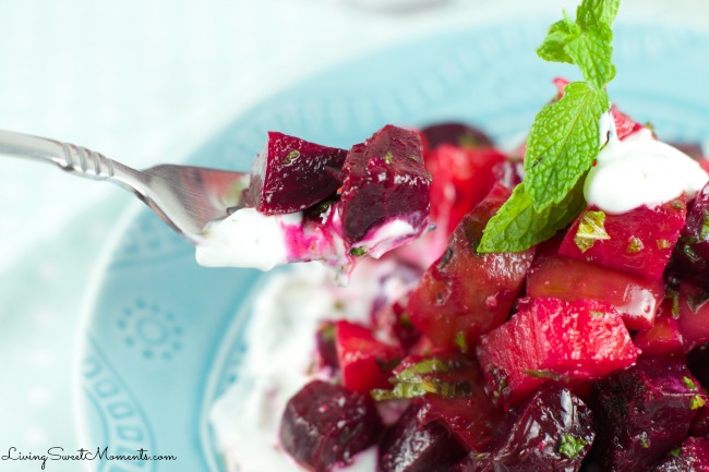 Roasted Beet Salad With Mint Yogurt - Delicious roasted beets tossed in a mustard balsamic vinaigrette and served with mint yogurt. Simple yet elegant salad