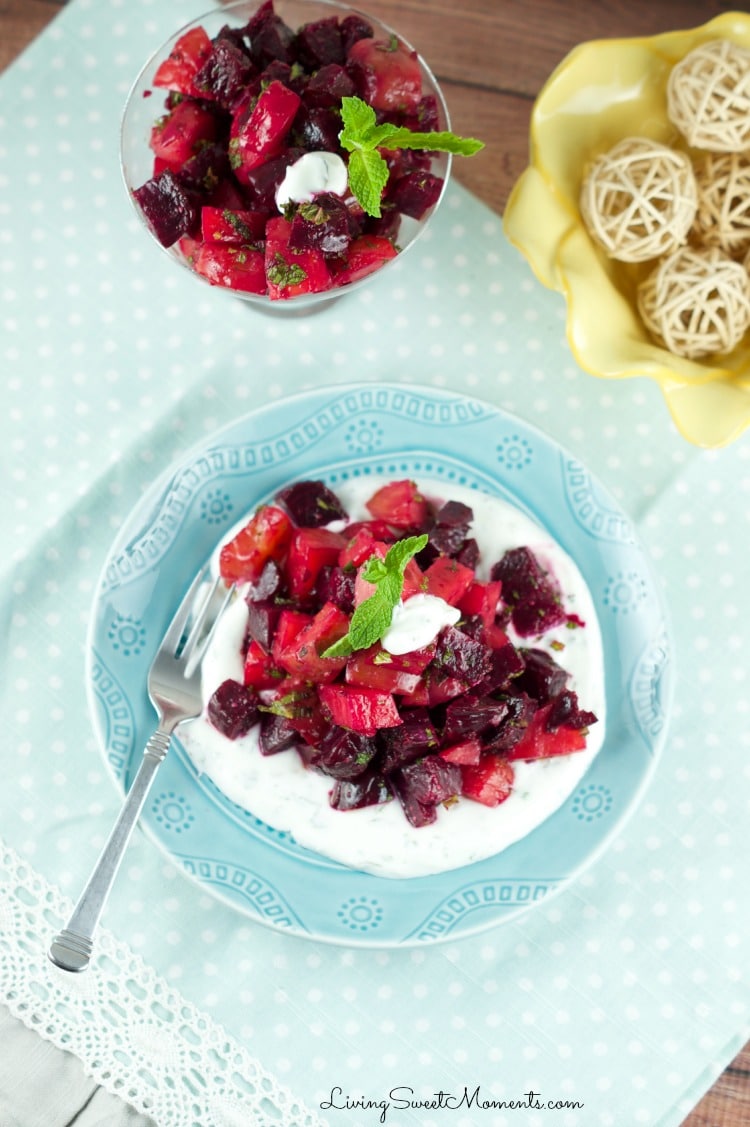 Roasted Beet Salad With Mint Yogurt - Delicious roasted beets tossed in a mustard balsamic vinaigrette and served with mint yogurt. Simple yet elegant salad