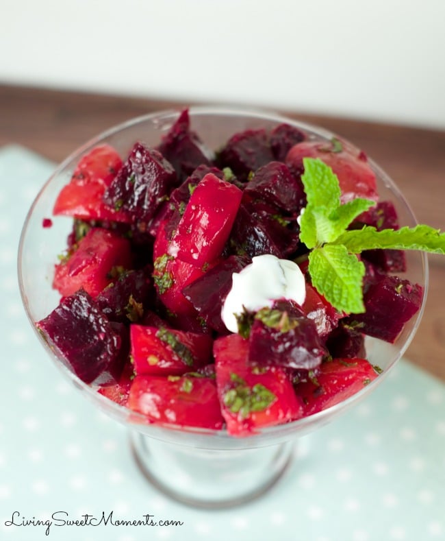 Roasted Beet Salad With Mint Yogurt - Delicious roasted beets tossed in a mustard balsamic vinaigrette and served with mint yogurt. Simple yet elegant salad