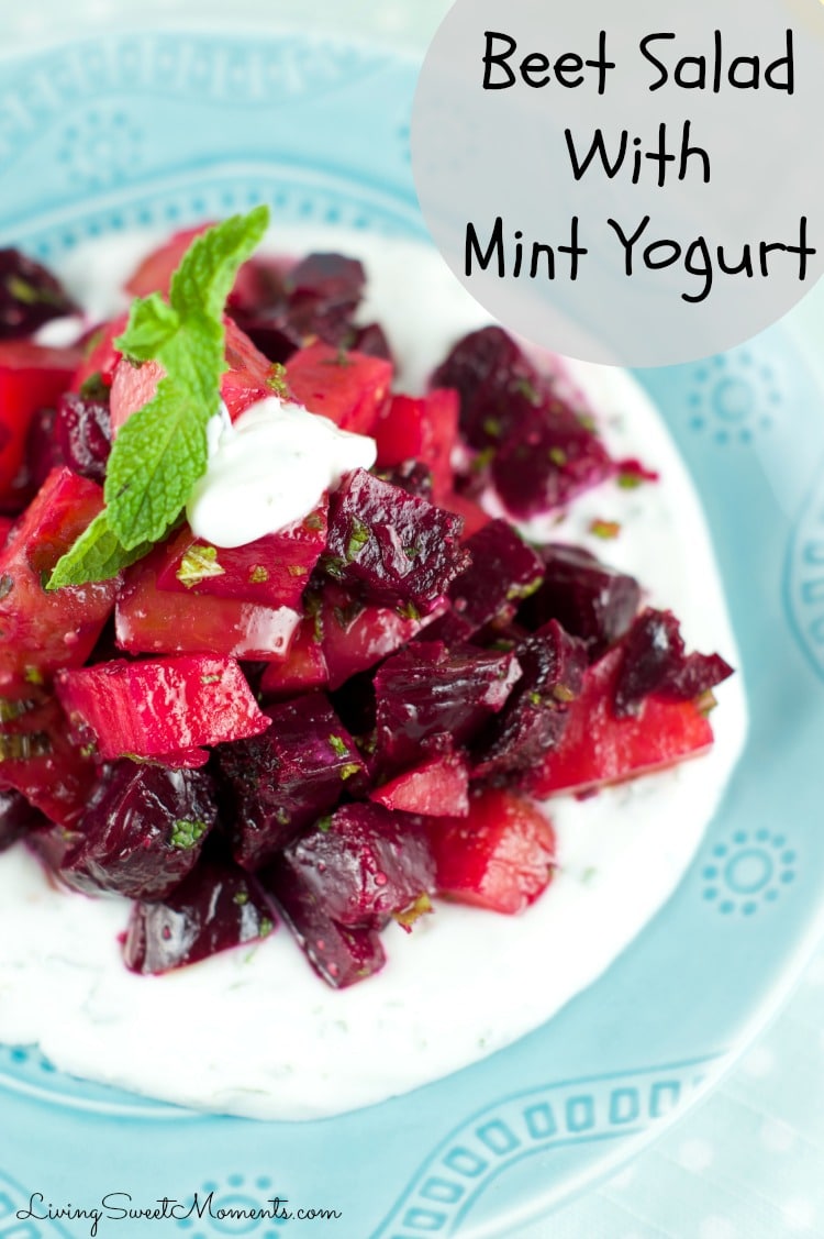 Roasted Beet Salad With Mint Yogurt - Delicious roasted beets tossed in a mustard balsamic vinaigrette and served with mint yogurt. Simple yet elegant salad