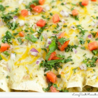 Easy Salsa Verde Chicken Enchiladas - Delicious creamy chicken enchiladas baked with a delicious salsa verde sauce. I used store bought chicken to save time