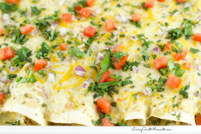 Easy Salsa Verde Chicken Enchiladas - Delicious creamy chicken enchiladas baked with a delicious salsa verde sauce. I used store bought chicken to save time