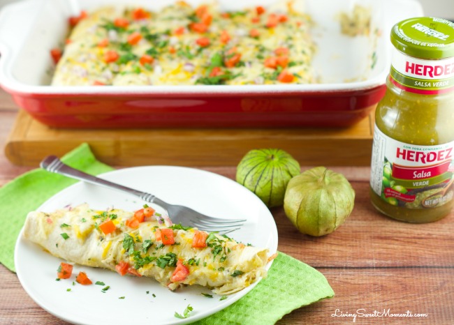 Easy Salsa Verde Chicken Enchiladas - Delicious creamy chicken enchiladas baked with a delicious salsa verde sauce. I used store bought chicken to save time