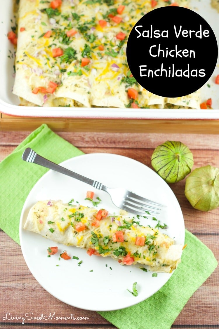 Easy Salsa Verde Chicken Enchiladas - Delicious creamy chicken enchiladas baked with a delicious salsa verde sauce. I used store bought chicken to save time