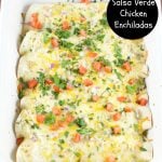 Easy Salsa Verde Chicken Enchiladas - Delicious creamy chicken enchiladas baked with a delicious salsa verde sauce. I used store bought chicken to save time