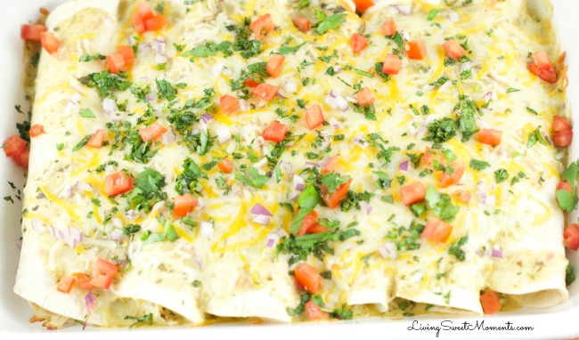 Easy Salsa Verde Chicken Enchiladas - Delicious creamy chicken enchiladas baked with a delicious salsa verde sauce. I used store bought chicken to save time