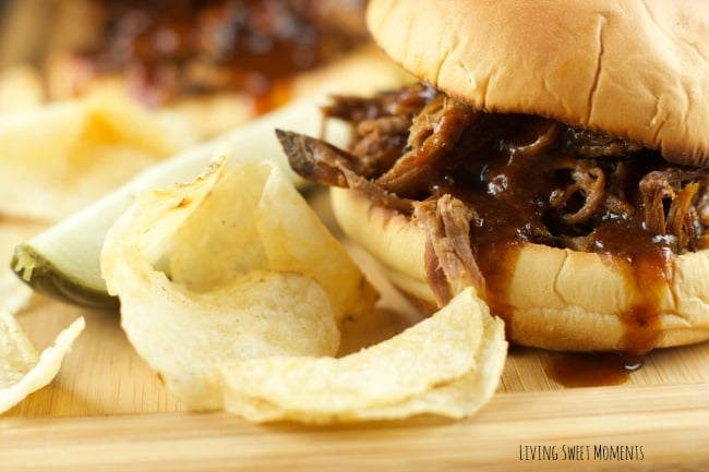 Slow Cooker Pulled BBQ Beef Sandwiches: delicious and tender beef slow cooked in a homemade BBQ sauce served on a toasted hamburger bun. Perfect for parties