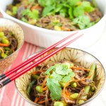 soba noodles with edamame and spring veggies - This delicious vegetarian one pot meal comes together in 5 minutes or less. Served with an asian sesame sauce