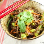 soba noodles with edamame and spring veggies - This delicious vegetarian one pot meal comes together in 5 minutes or less. Served with an asian sesame sauce