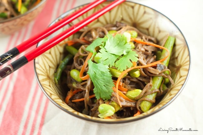 soba noodles with edamame and spring veggies - This delicious vegetarian one pot meal comes together in 5 minutes or less. Served with an asian sesame sauce