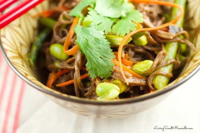 soba noodles with edamame and spring veggies - This delicious vegetarian one pot meal comes together in 5 minutes or less. Served with an asian sesame sauce