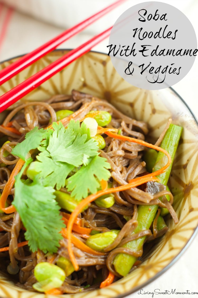 soba noodles with edamame and spring veggies - This delicious vegetarian one pot meal comes together in 5 minutes or less. Served with an asian sesame sauce