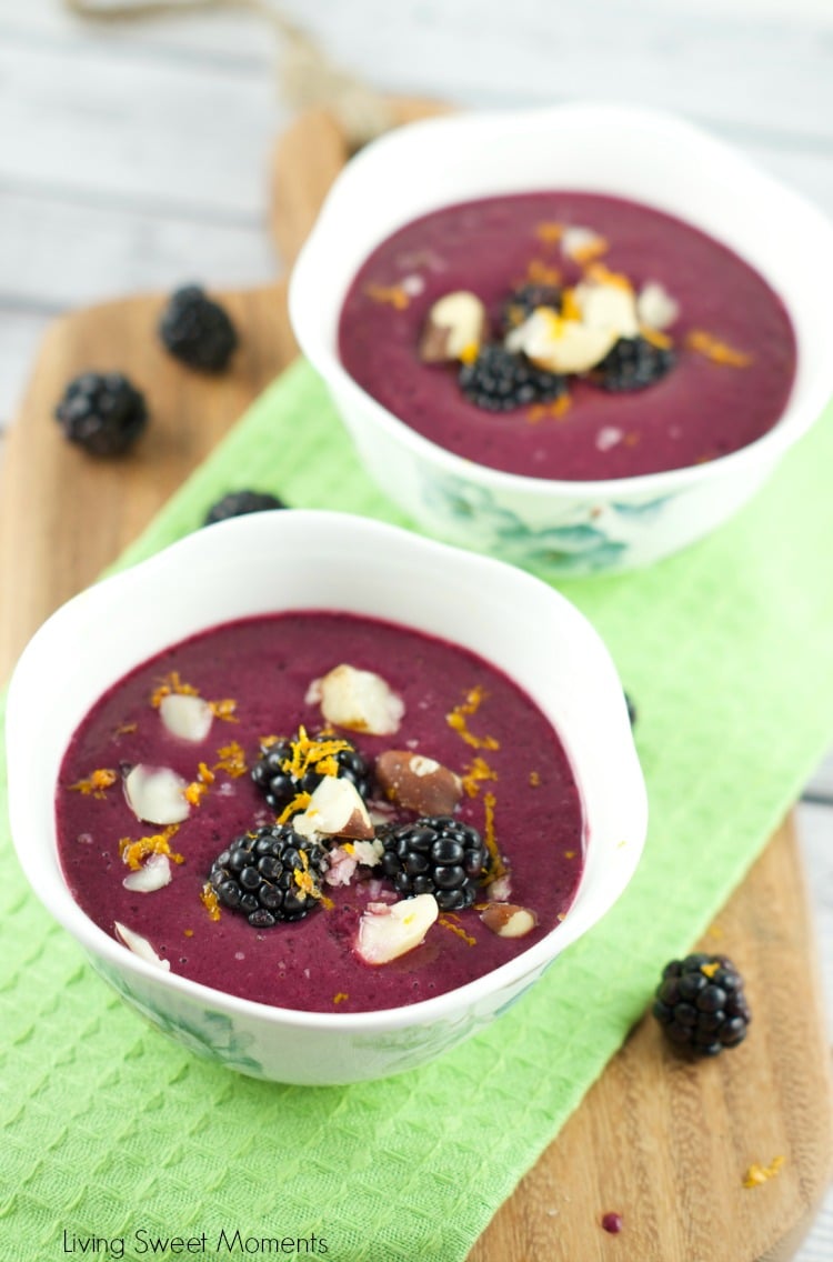 Mixed Berry Gazpacho - a refreshing smoothie bowl featuring berries, pineapple juice and yogurt topped with Brazil Nuts. Perfect breakfast or brunch recipe.