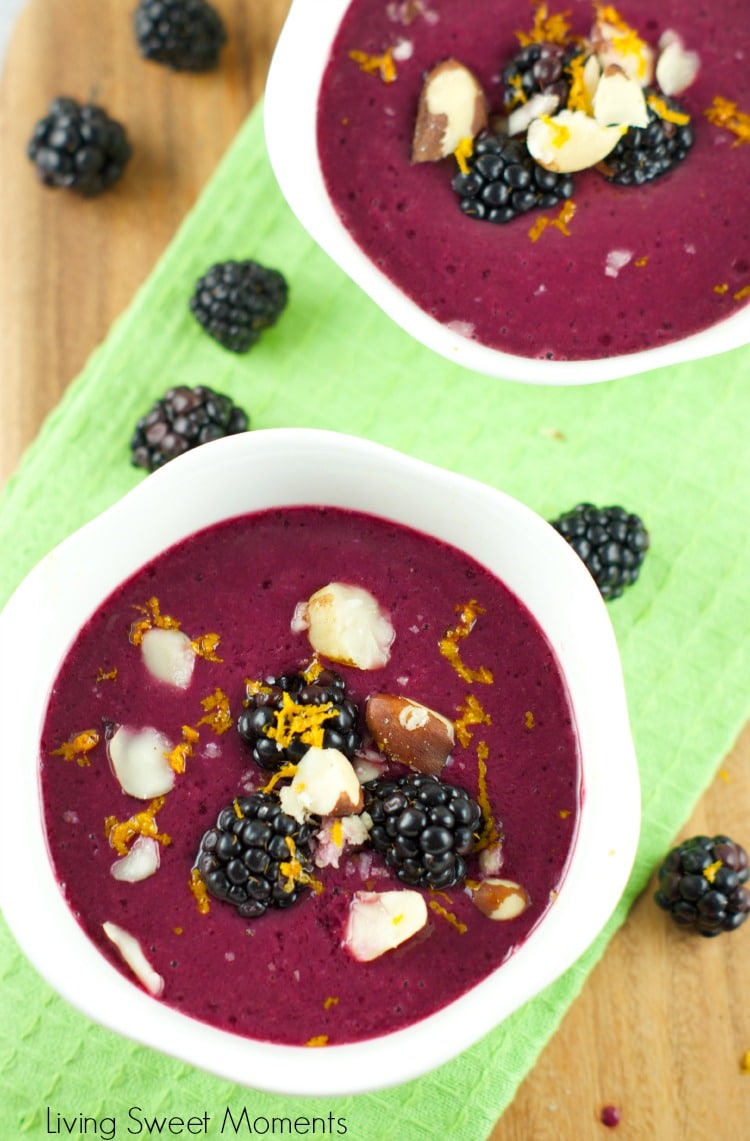 Mixed Berry Gazpacho - a refreshing smoothie bowl featuring berries, pineapple juice and yogurt topped with Brazil Nuts. Perfect breakfast or brunch recipe.