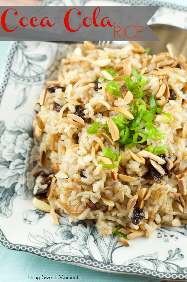 Coca Cola Rice Recipe : This delicious latin rice made with coca cola is topped with raisins and toasted almonds. Great and easy side dish to any meal. Yum!