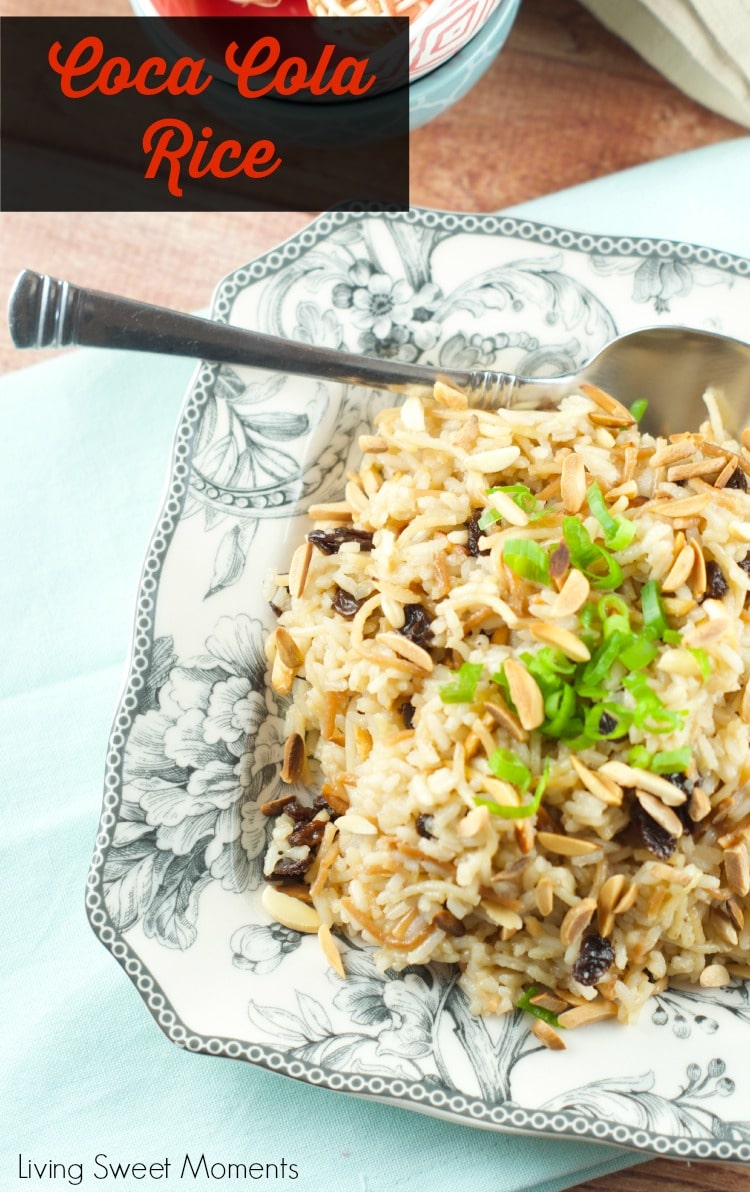 Coca Cola Rice Recipe : This delicious latin rice made with coca cola is topped with raisins and toasted almonds. Great and easy side dish to any meal. Yum!