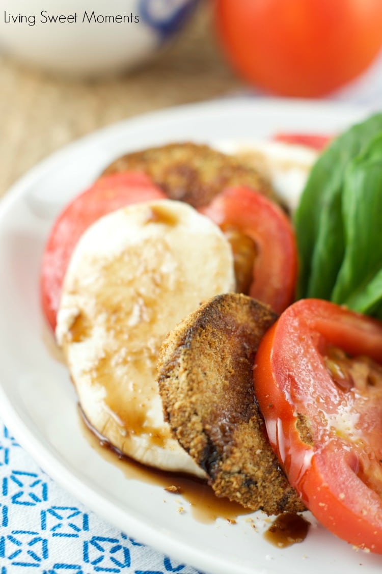 crispy eggplant caprese salad - Crispy baked eggplant, mozzarella cheese and fresh tomatoes served with balsamic glaze. Delicious as a salad or an appetizer