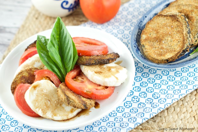 crispy eggplant caprese salad - Crispy baked eggplant, mozzarella cheese and fresh tomatoes served with balsamic glaze. Delicious as a salad or an appetizer