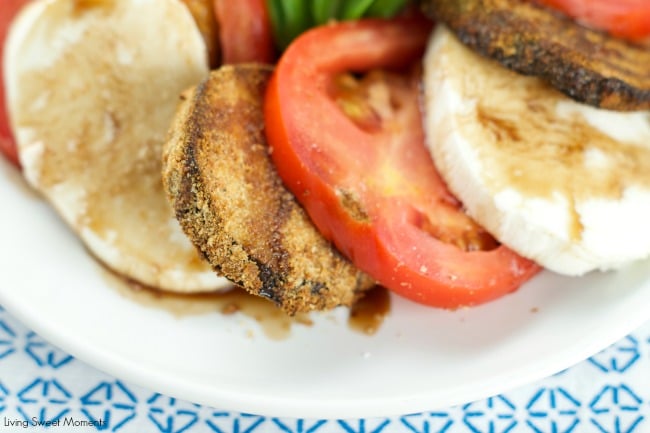 crispy eggplant caprese salad - Crispy baked eggplant, mozzarella cheese and fresh tomatoes served with balsamic glaze. Delicious as a salad or an appetizer