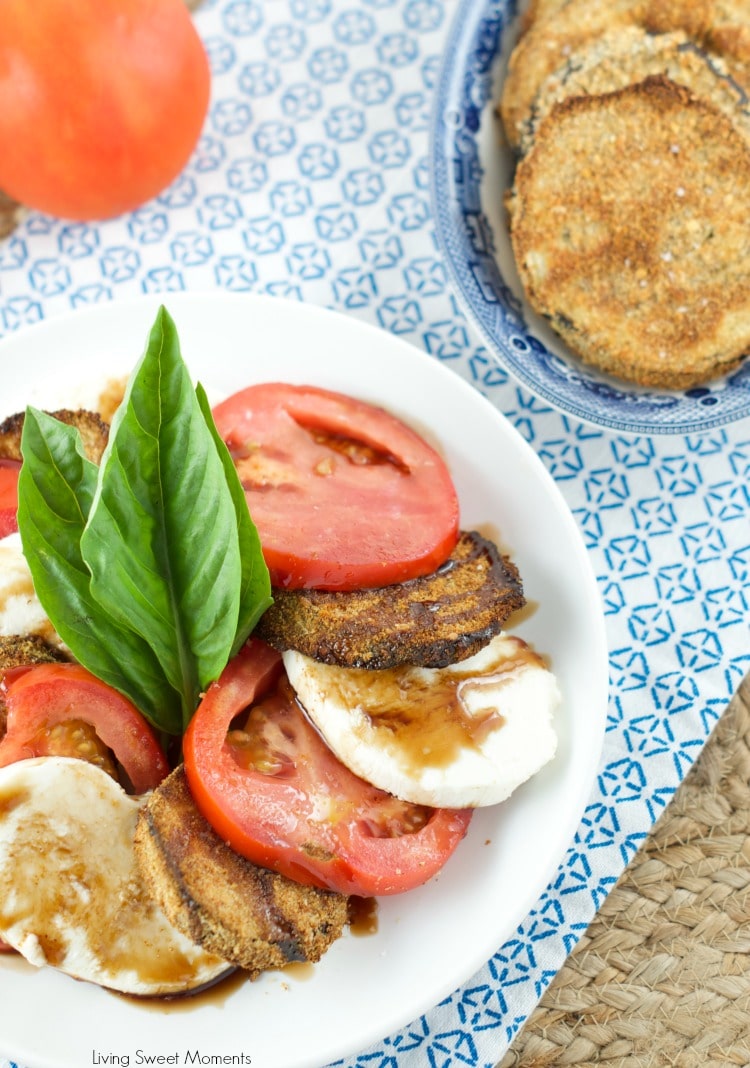 crispy eggplant caprese salad - Crispy baked eggplant, mozzarella cheese and fresh tomatoes served with balsamic glaze. Delicious as a salad or an appetizer