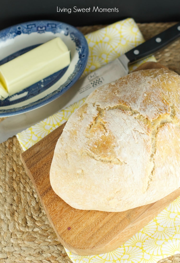 No Knead Crusty Bread - Only 4 ingredients and baked right in the dutch oven. This crusty bread is easy to make, delicious and perfect with slab of butter.