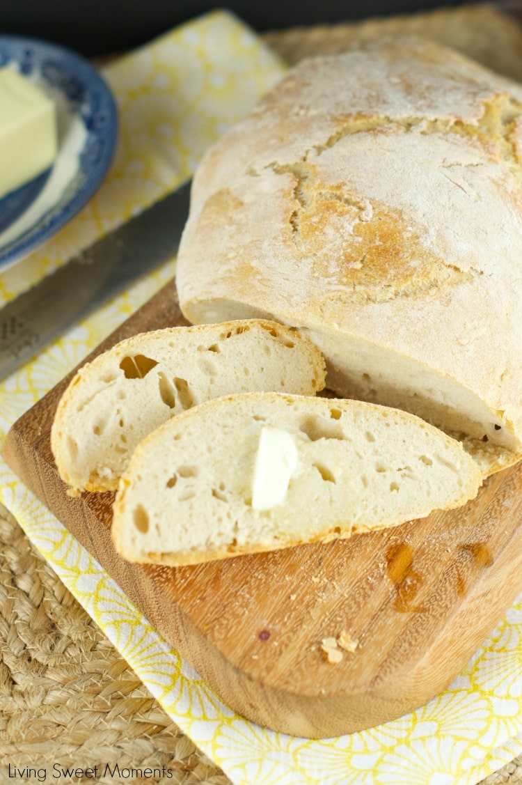 No Knead Crusty Bread - Only 4 ingredients and baked right in the dutch oven. This crusty bread is easy to make, delicious and perfect with slab of butter.