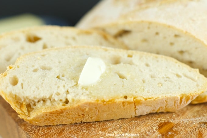 No Knead Crusty Bread - Only 4 ingredients and baked right in the dutch oven. This crusty bread is easy to make, delicious and perfect with slab of butter.