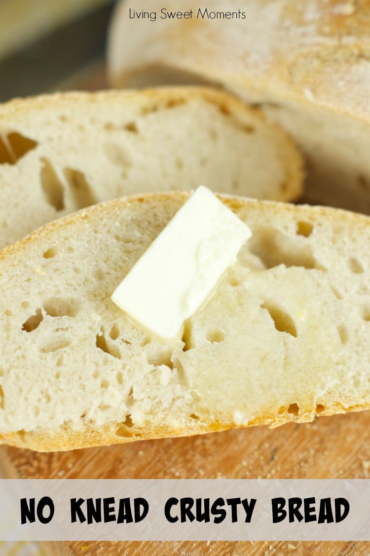 No Knead Crusty Bread - Only 4 ingredients and baked right in the dutch oven. This crusty bread is easy to make, delicious and perfect with slab of butter.