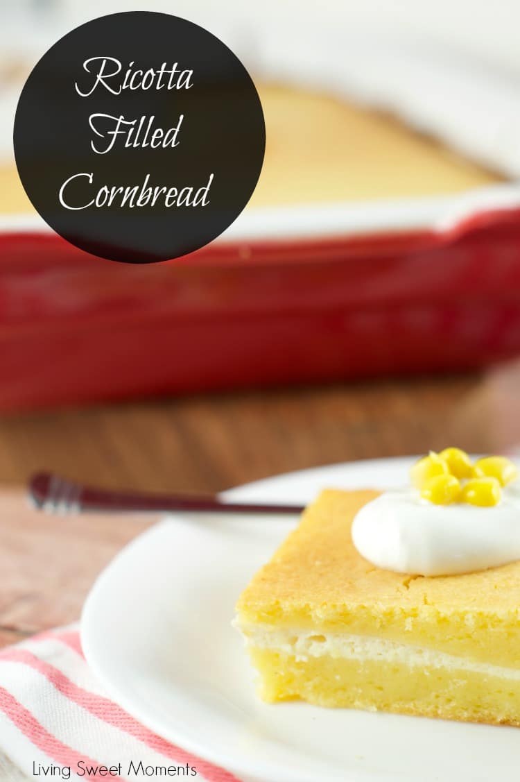 Ricotta filled Cornbread Recipe - Delicious cornbread made with buttermilk and filled with ricotta cheese. Perfect hot, warm or cold. A nice side dish idea.