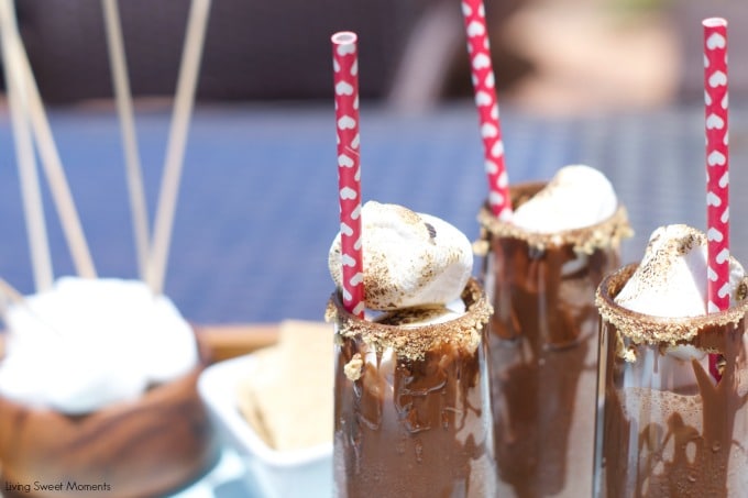 s'mores shakes - Delicious Chocolate shakes with marshmallows and graham crackers topped with toasted marshmallows. Perfect for summer outdoor entertaining.