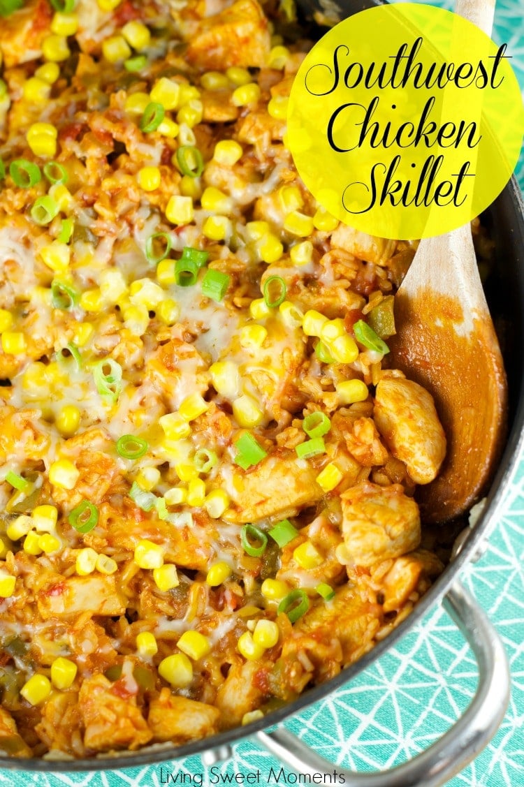 Southwest Skillet Chicken And Rice - delicious one pot meal under 30 minutes. This easy to make chicken dish uses store bought salsa and other yummy flavors 