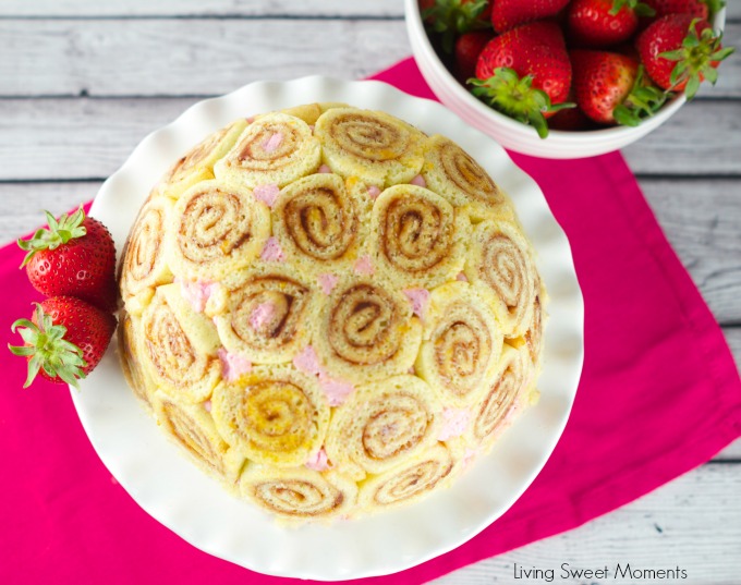 Strawberry Charlotte Royale Cake - This amazing strawberry cake is easy, delicious and beautiful. Jelly roll slices are filled with Berry Bavarian Cream. 