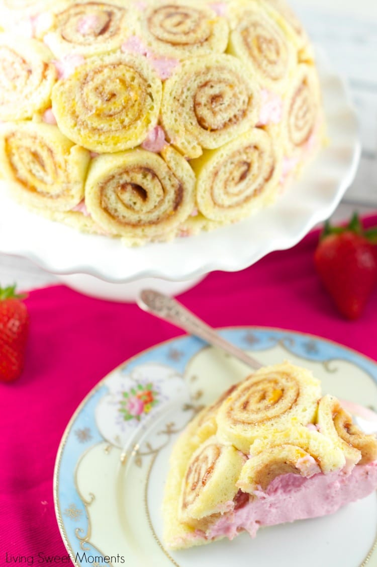 Strawberry Charlotte Royale Cake - This amazing strawberry cake is easy, delicious and beautiful. Jelly roll slices are filled with Berry Bavarian Cream. 