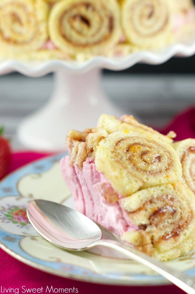 Strawberry Charlotte Royale Cake - This amazing strawberry cake is easy, delicious and beautiful. Jelly roll slices are filled with Berry Bavarian Cream. 