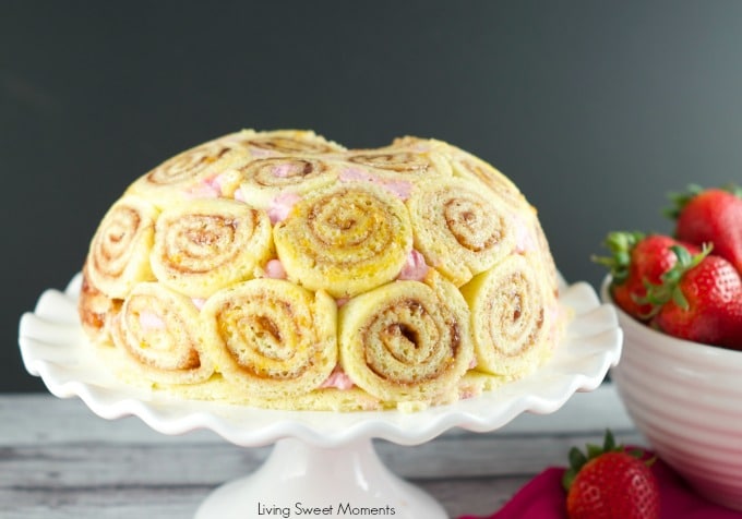 Strawberry Charlotte Royale Cake - This amazing strawberry cake is easy, delicious and beautiful. Jelly roll slices are filled with Berry Bavarian Cream. 